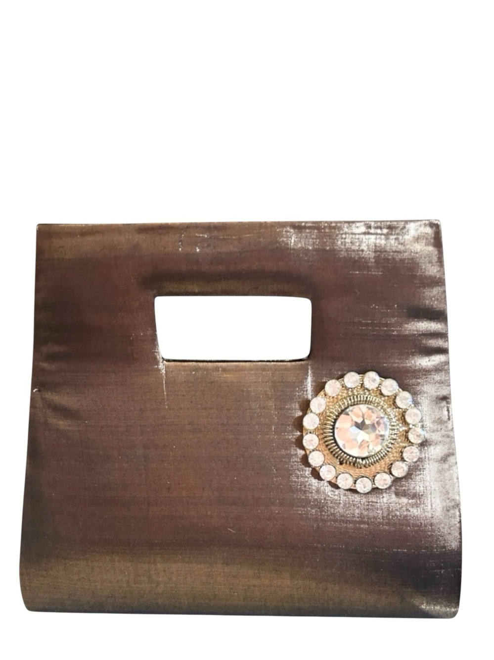 Vintage Brown Satin Evening Bag with Cut Out Handle and Rhinestone Brooch Accent